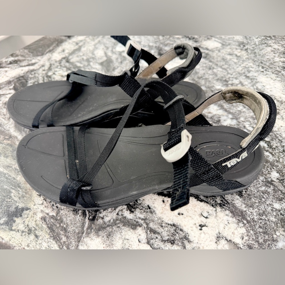 Teva Black Strappy Outdoor Sandals with Silver Buckles